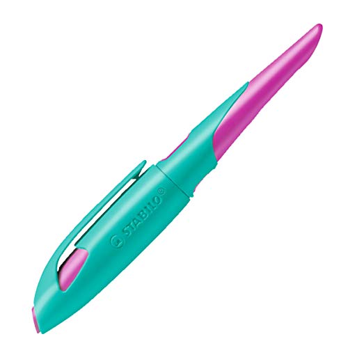 Ergonomischer Schulfüller für Rechtshänder mit Anfänger-Feder A - STABILO EASYbirdy in türkis/neonpink - Einzelstift - inklusive Patrone und Einstellwerkzeug - Schreibfarbe blau (löschbar) - 2