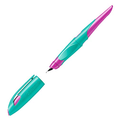 Ergonomischer Schulfüller für Rechtshänder mit Anfänger-Feder A - STABILO EASYbirdy in türkis/neonpink - Einzelstift - inklusive Patrone und Einstellwerkzeug - Schreibfarbe blau (löschbar) - 3