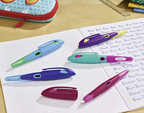 Ergonomischer Schulfüller für Rechtshänder mit Anfänger-Feder A - STABILO EASYbirdy in türkis/neonpink - Einzelstift - inklusive Patrone und Einstellwerkzeug - Schreibfarbe blau (löschbar) - 9